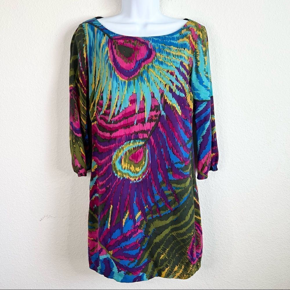 𝅺trina Turk Colorful Peacock Print 3/4 Sleeves Silk Blend Shift Mini Dress 2